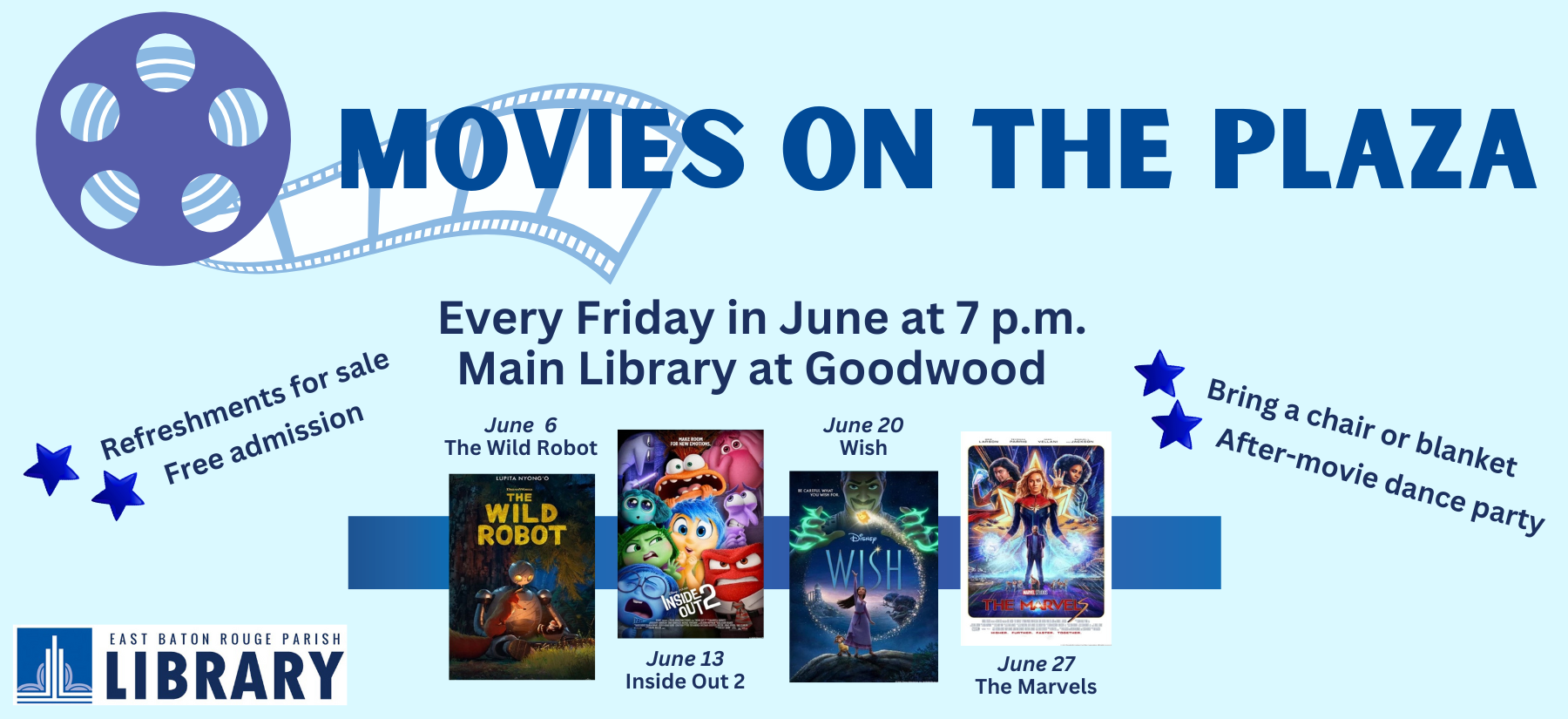 East Baton Rouge Parish Library| image: Movies on the Plaza – June 2025 (600 x 275 px)